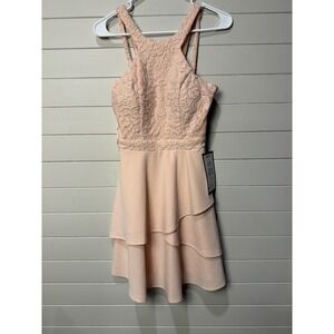 City Studio Pink Lace Overlay Tiered Ruffle Fit Flare Dress Size 3 Formal Dance
